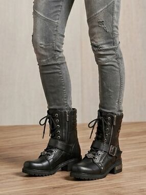 Harley-Davidson Black Women's Lace-Up Moto Combat Boots with Side Zip Buckle 7.5